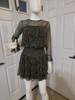 Shoshanna Olive Floral Long Sleeve Smocked Waist Mini Dress